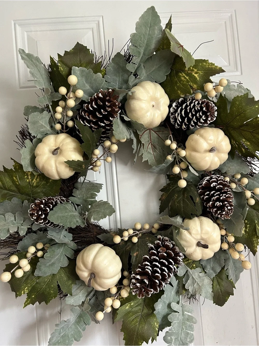 Autumn White Pumpkin & Pinecone Holiday Wreath